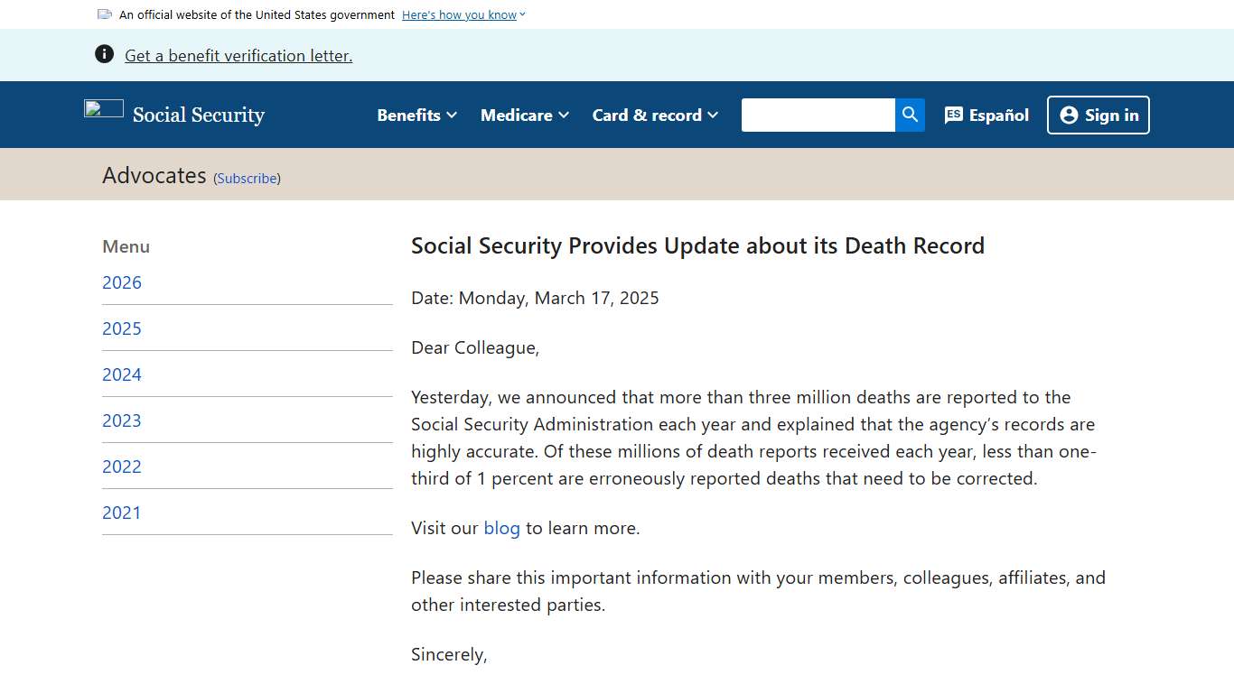Social Security Provides Update about its Death Record News SSA
