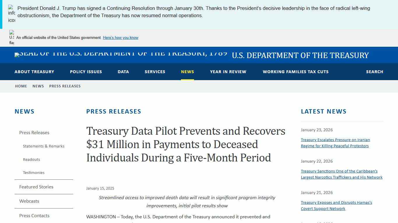Treasury Data Pilot Prevents and Recovers $31 Million in Payments to Deceased Individuals During a Five-Month Period U.S. Department of the Treasury